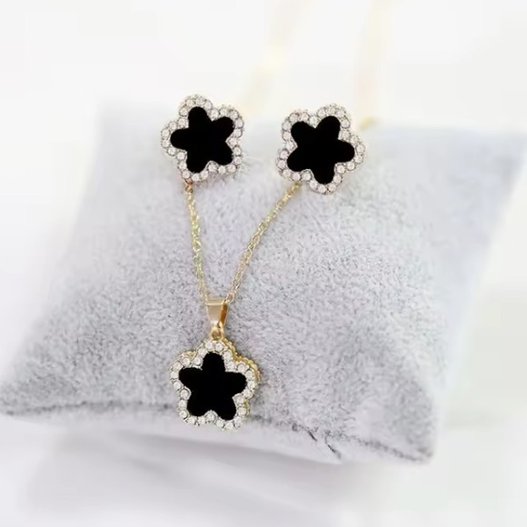 Gold Filled Black Clover Cubic Zirconia Necklace and Earrings Set - Picture 1 of 1